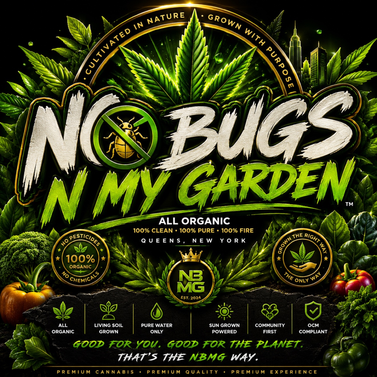 No Bugs N My Garden all-organic poster with living-soil and community-first brand messages