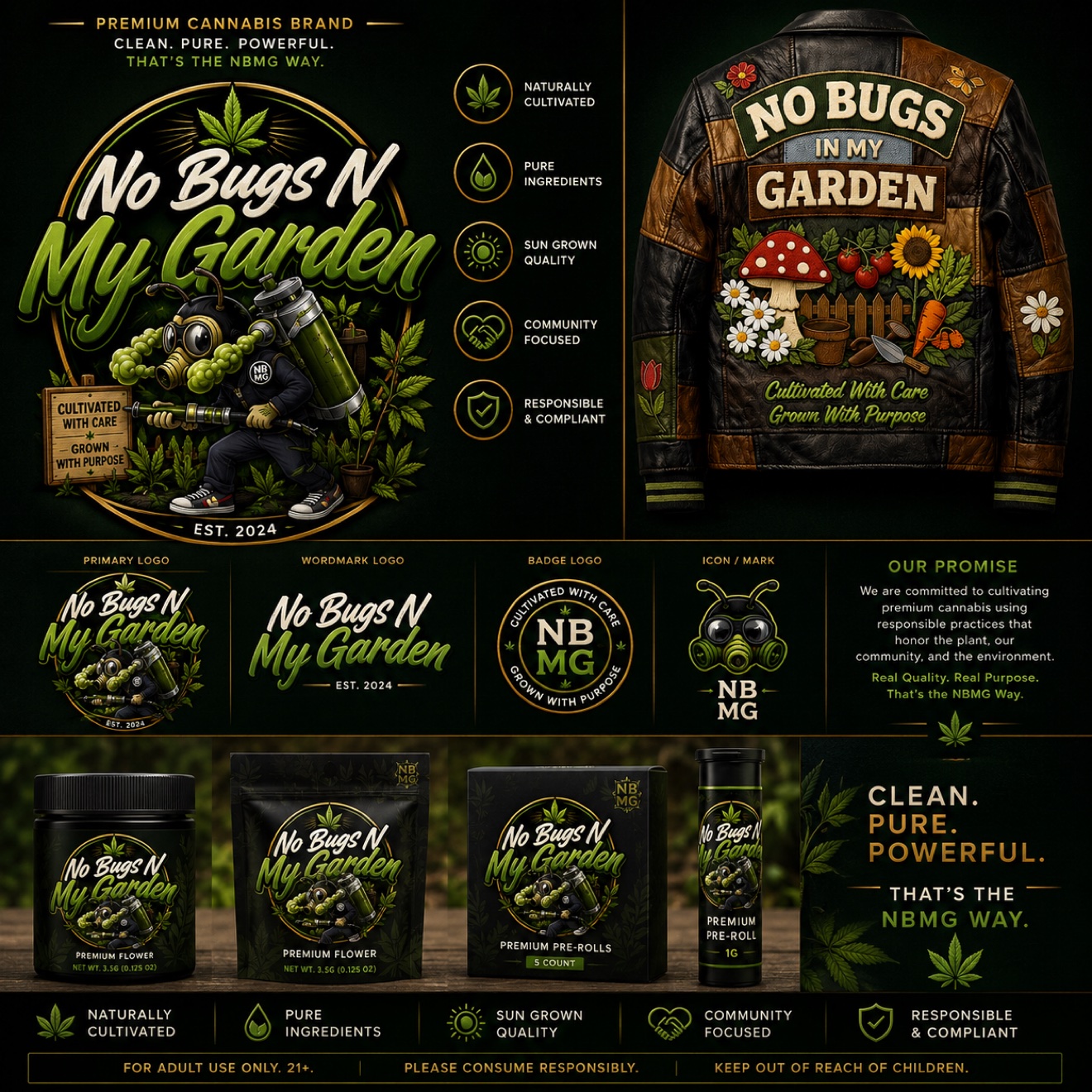 No Bugs N My Garden branding book and product catalog with jacket, flower and pre-roll packaging