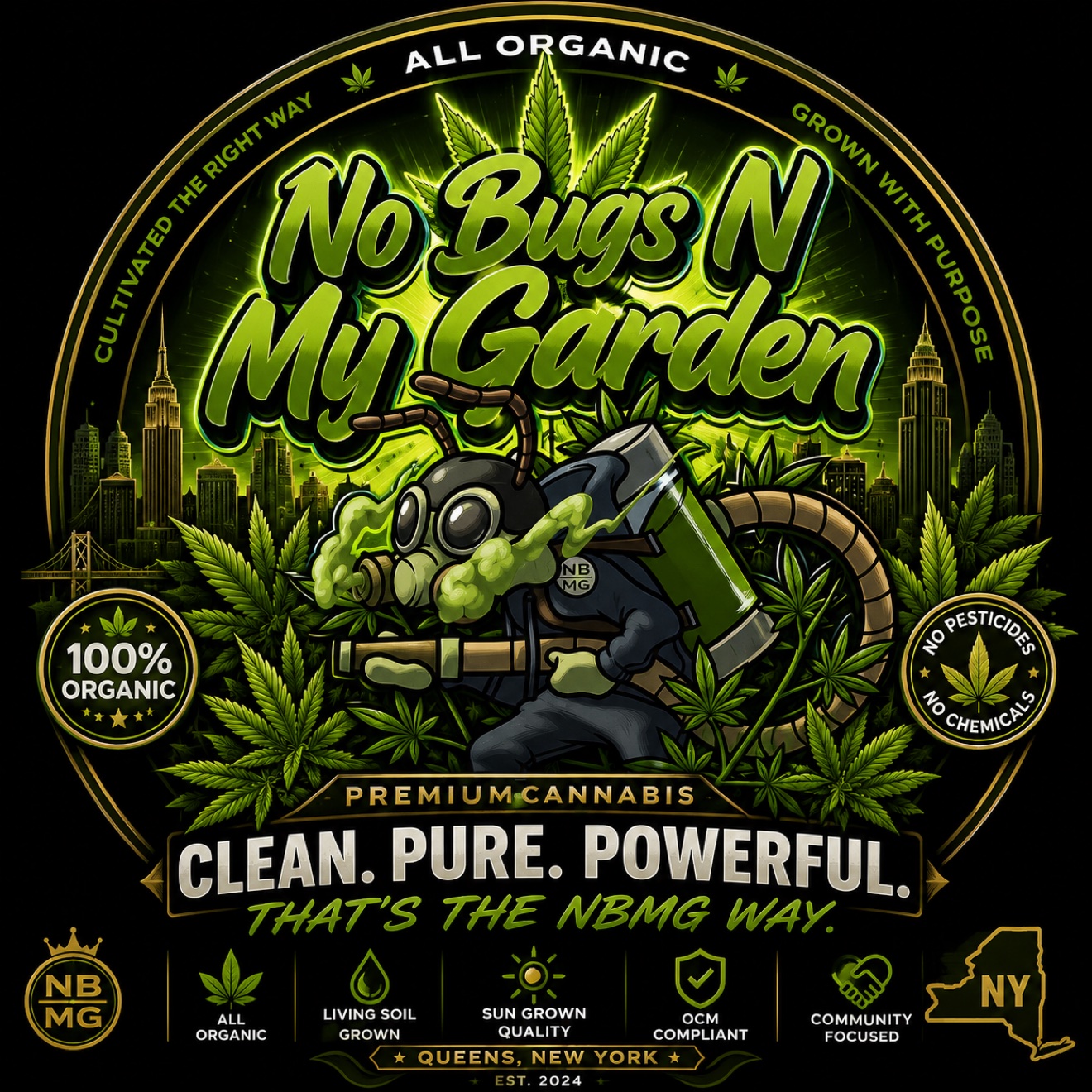 Circular No Bugs N My Garden badge artwork with Clean Pure Powerful message
