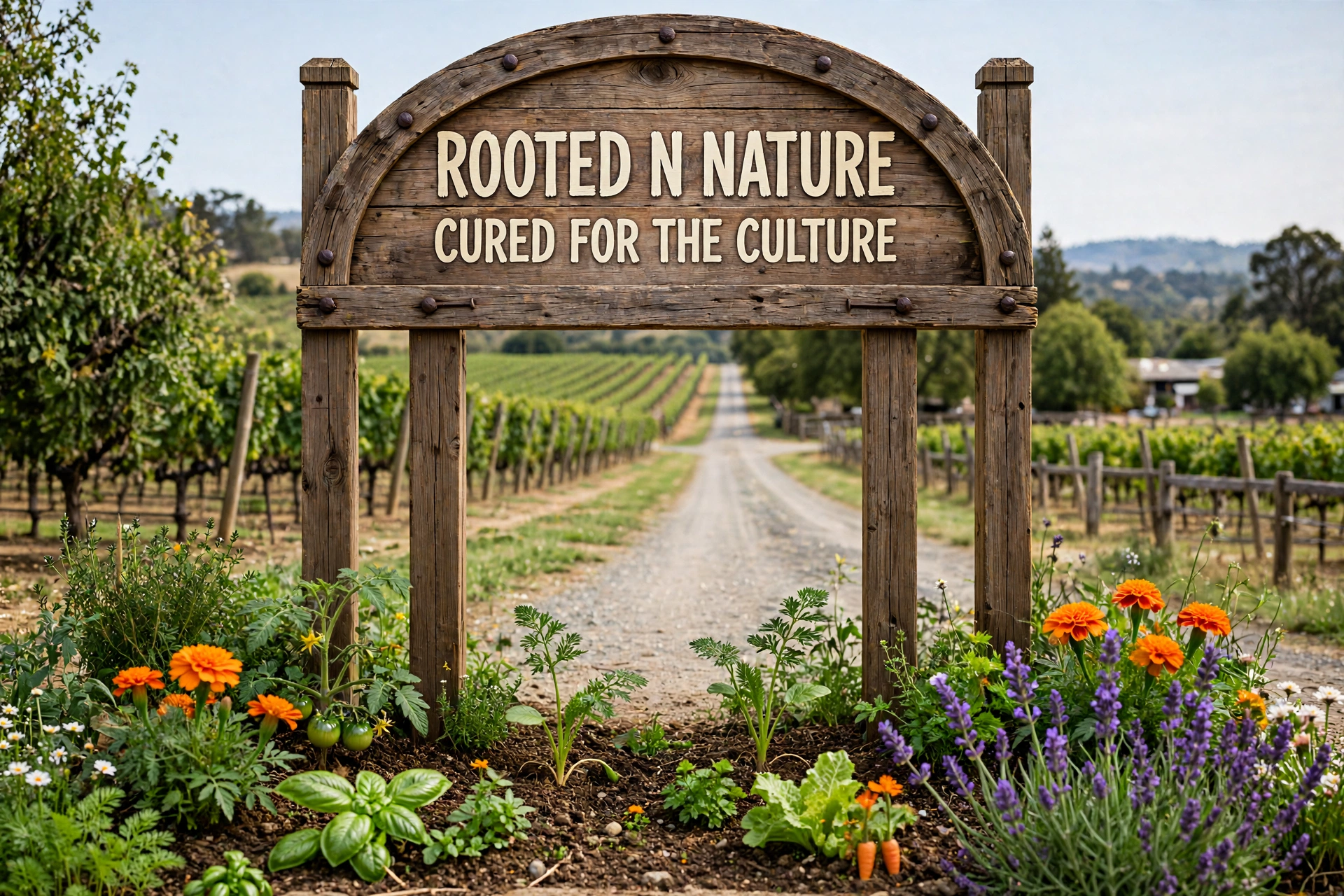 Vineyard entrance sign reading Rooted N Nature, Cured for the Culture above a flower and vegetable garden