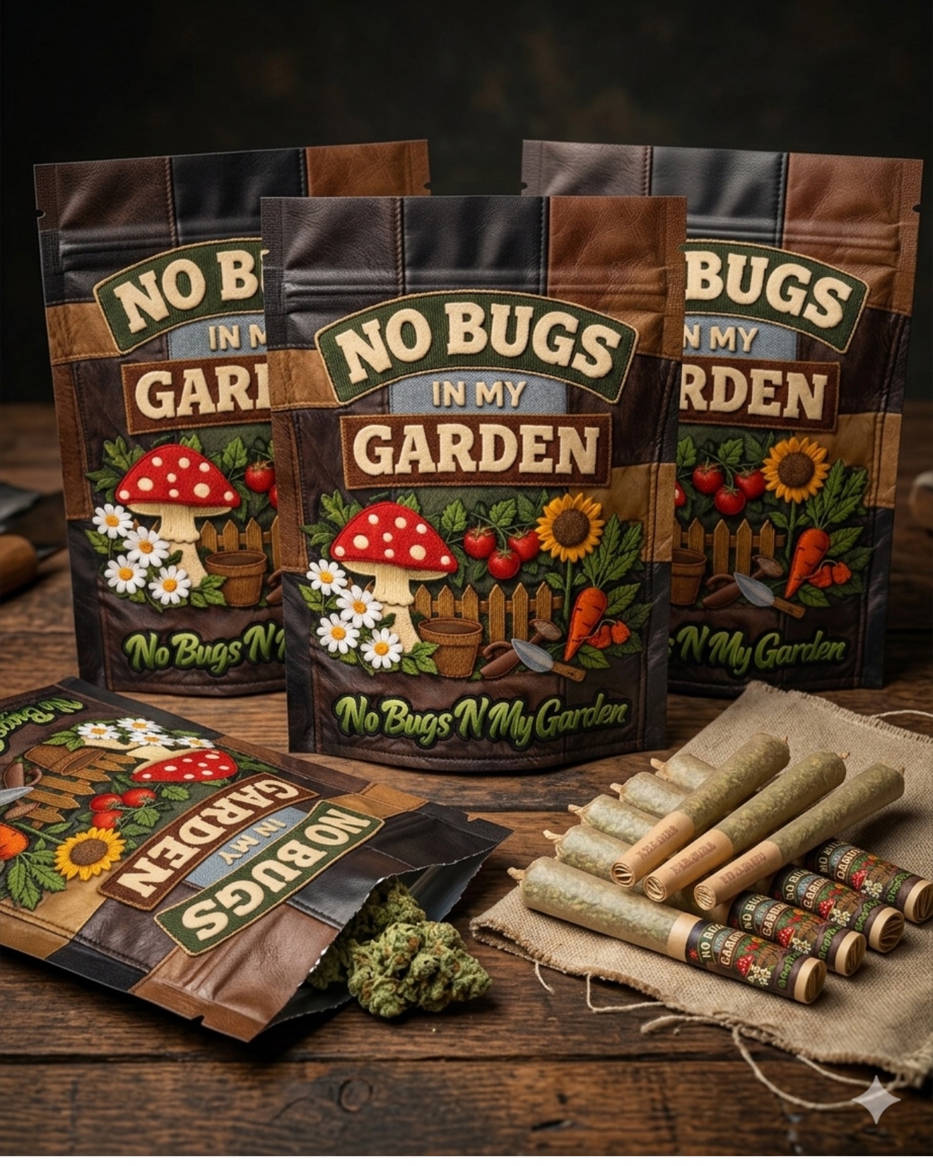 No Bugs In My Garden patchwork pouches with premium flower and pre-rolls on a wooden table