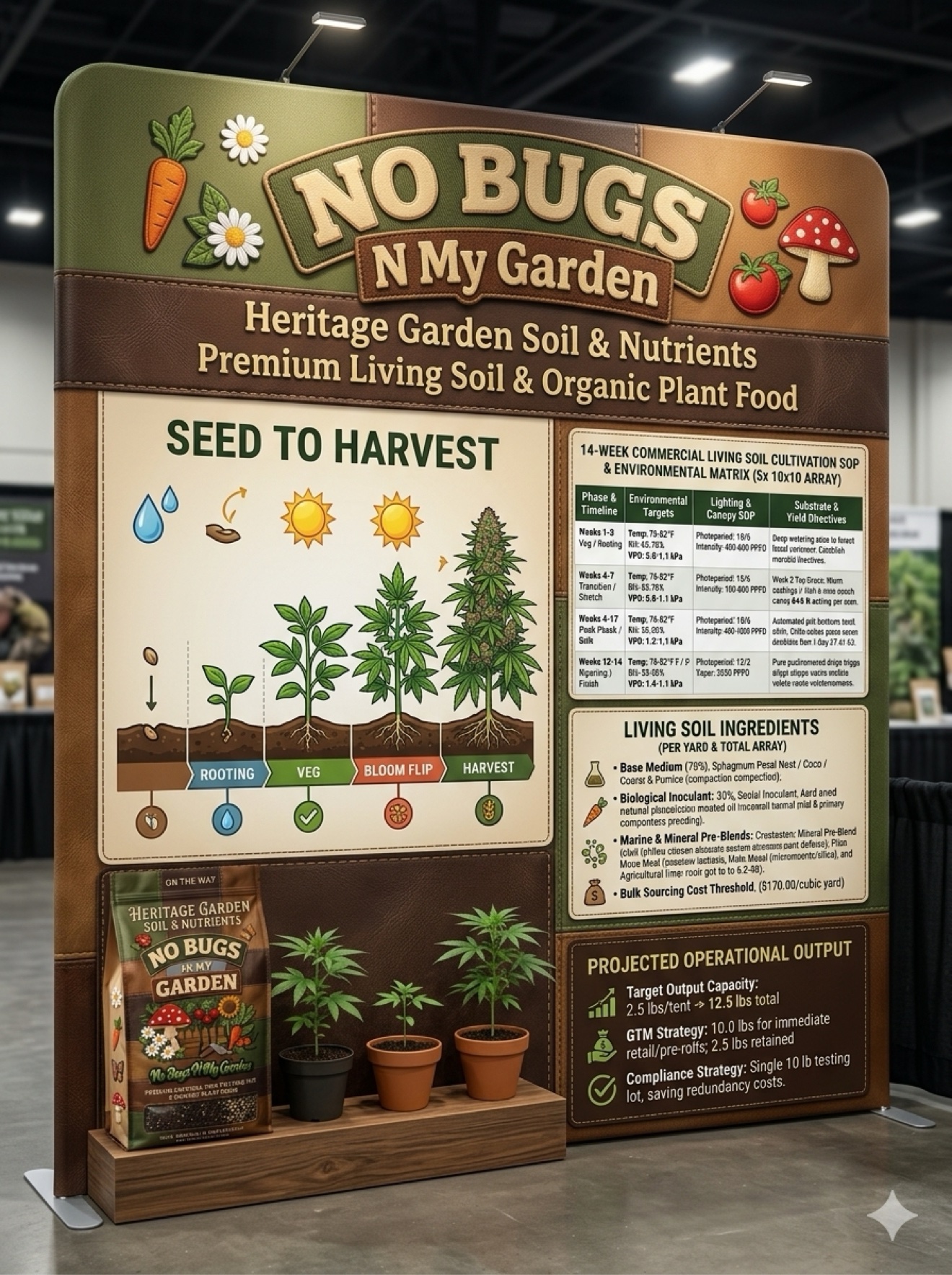 Actual NO BUGS N My Garden trade-show display featuring the seed-to-harvest cycle, cultivation SOP, soil ingredients and output projections