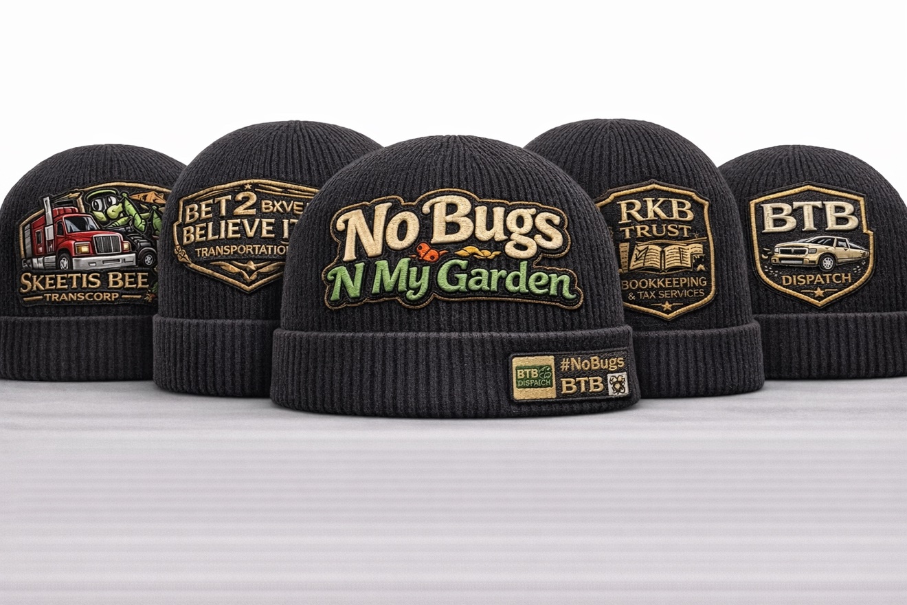 Five embroidered collaboration beanies including No Bugs N My Garden