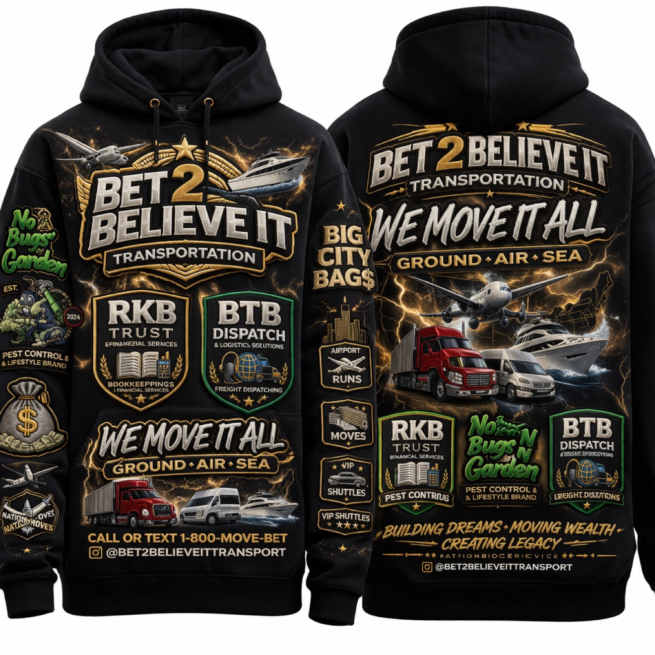 Black Bet 2 Believe It collaboration hoodie shown front and back