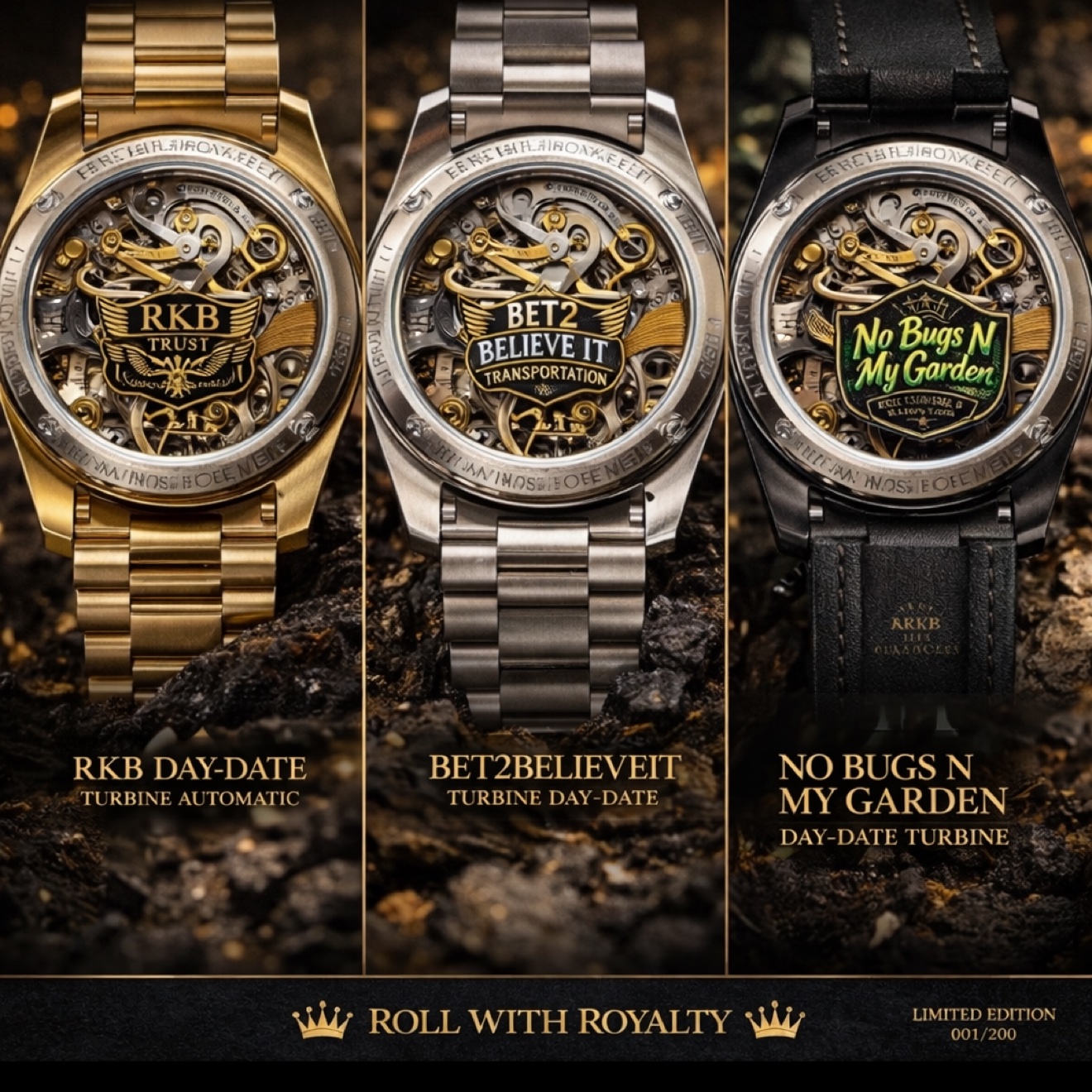 Three limited-edition Roll With Royalty luxury watches in gold, silver and black