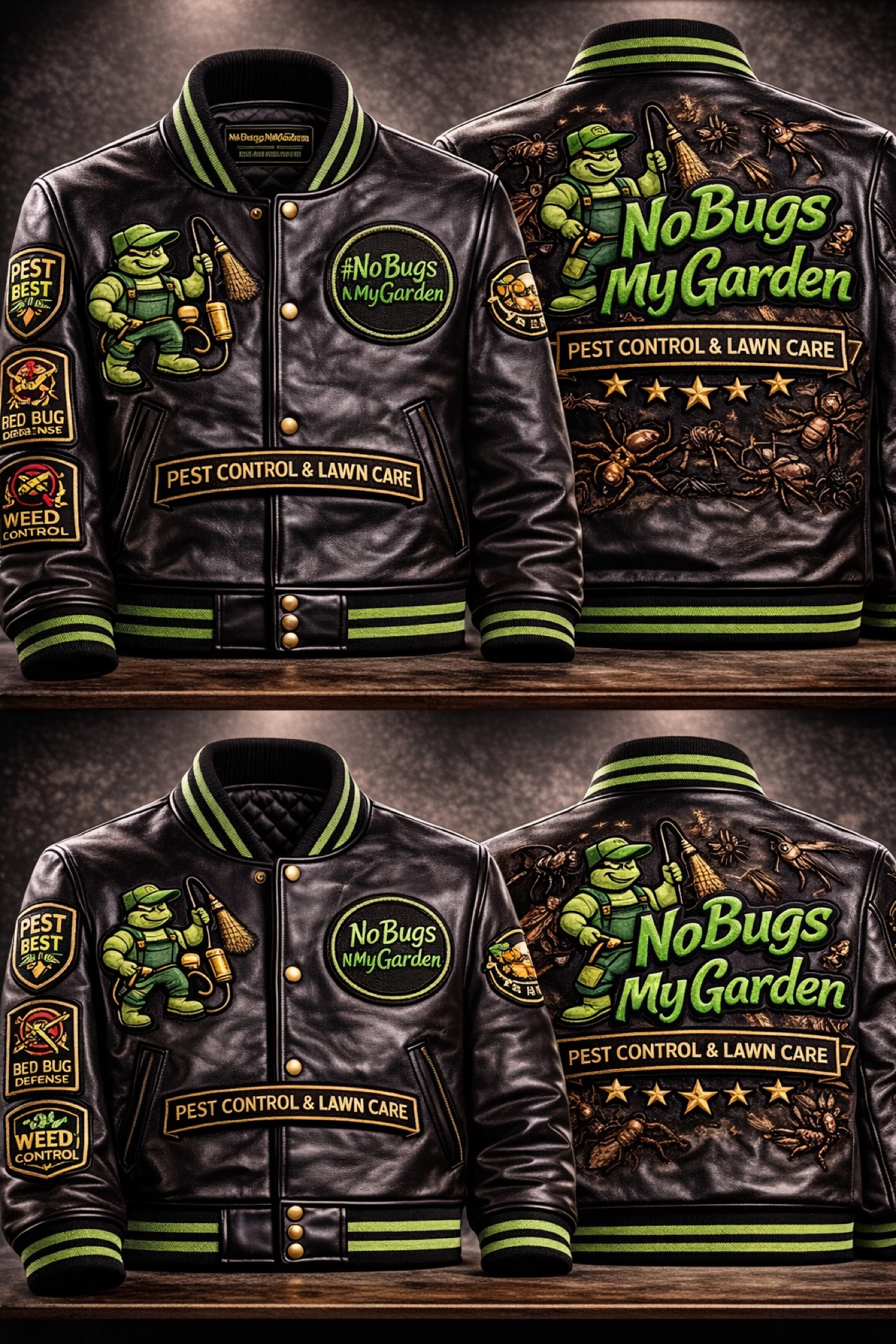 Black No Bugs N My Garden embroidered leather jackets shown front and back