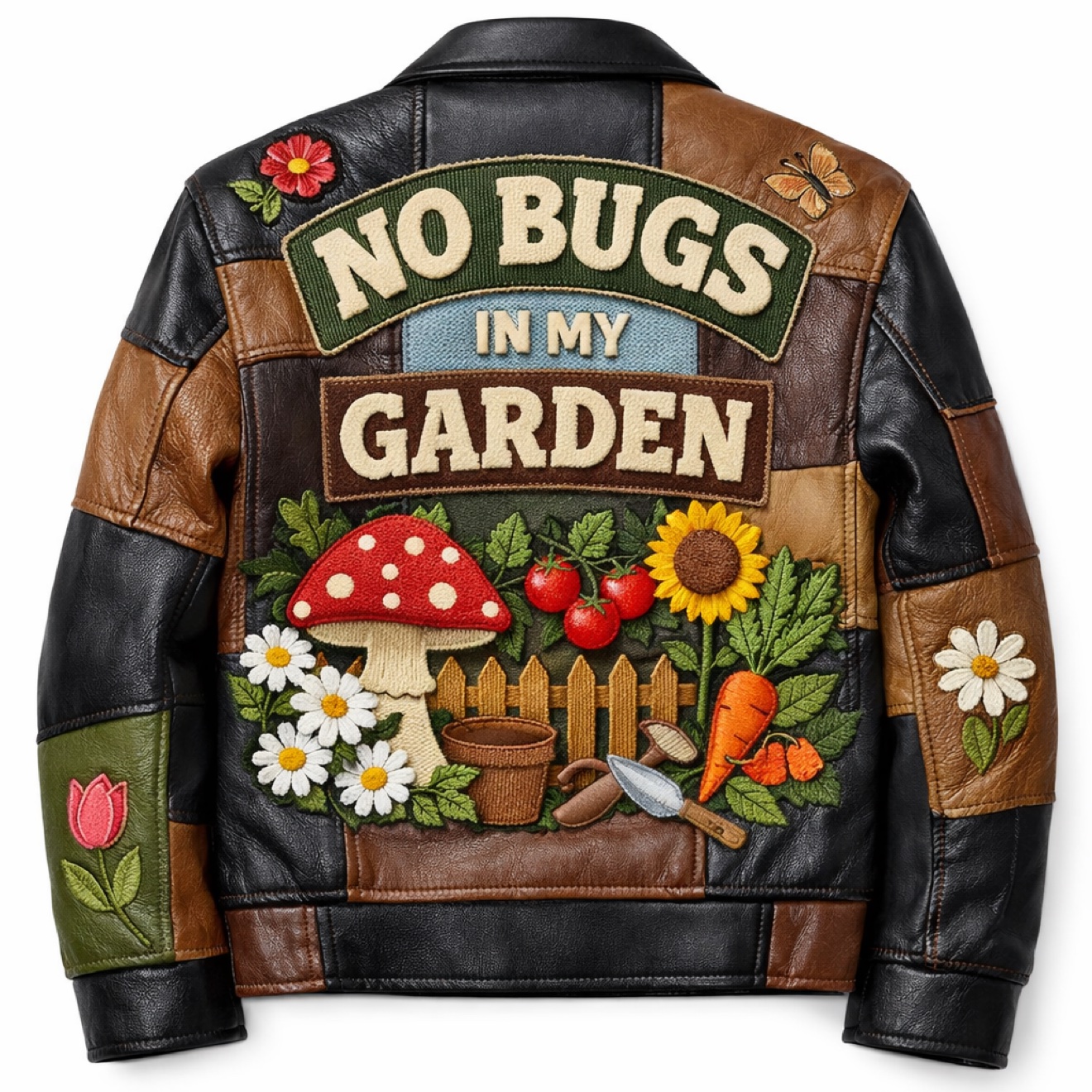 Patchwork leather jacket with embroidered No Bugs In My Garden artwork