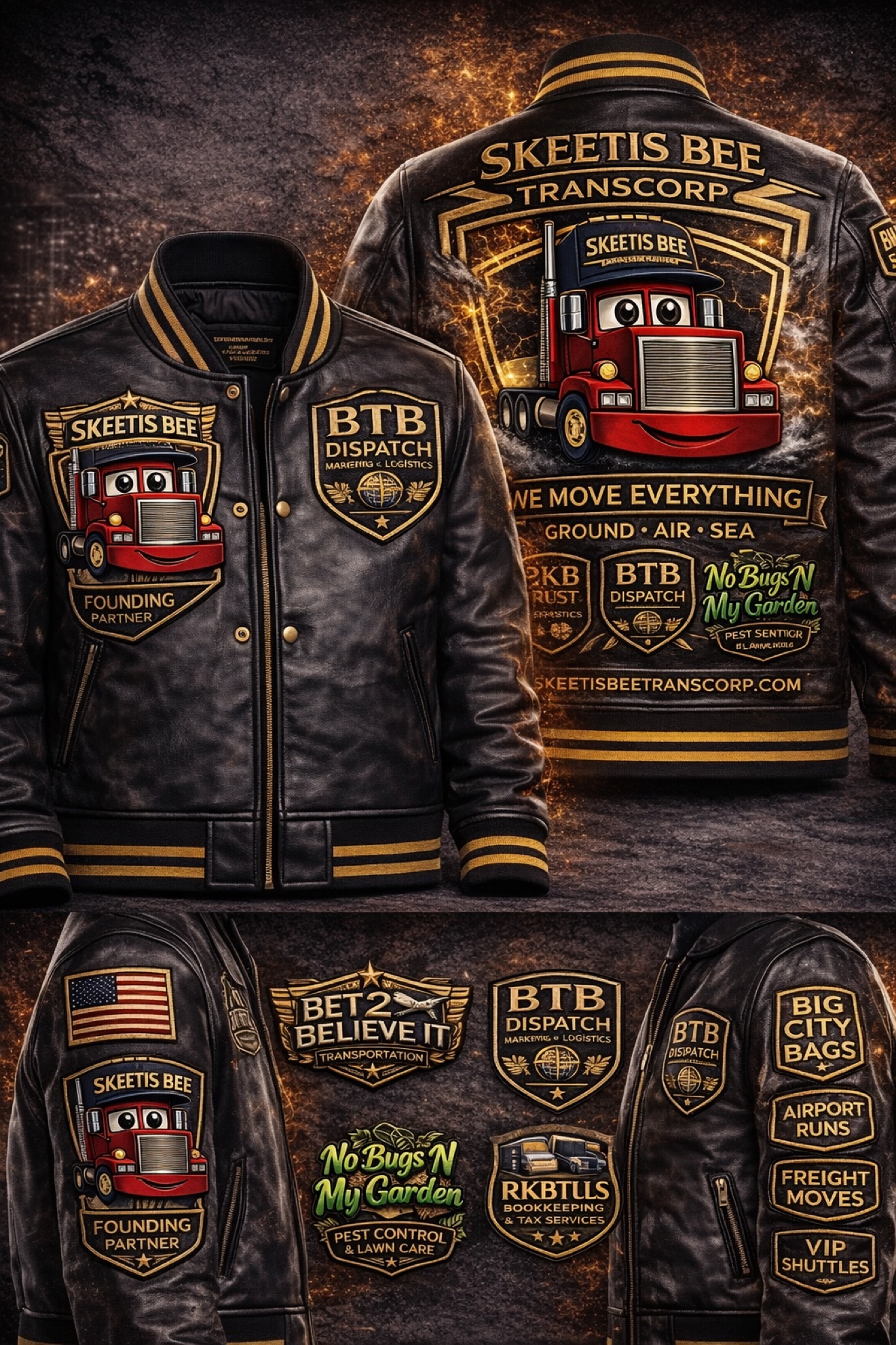 Black and gold Skeetis Bee Transcorp collaboration jacket shown front and back