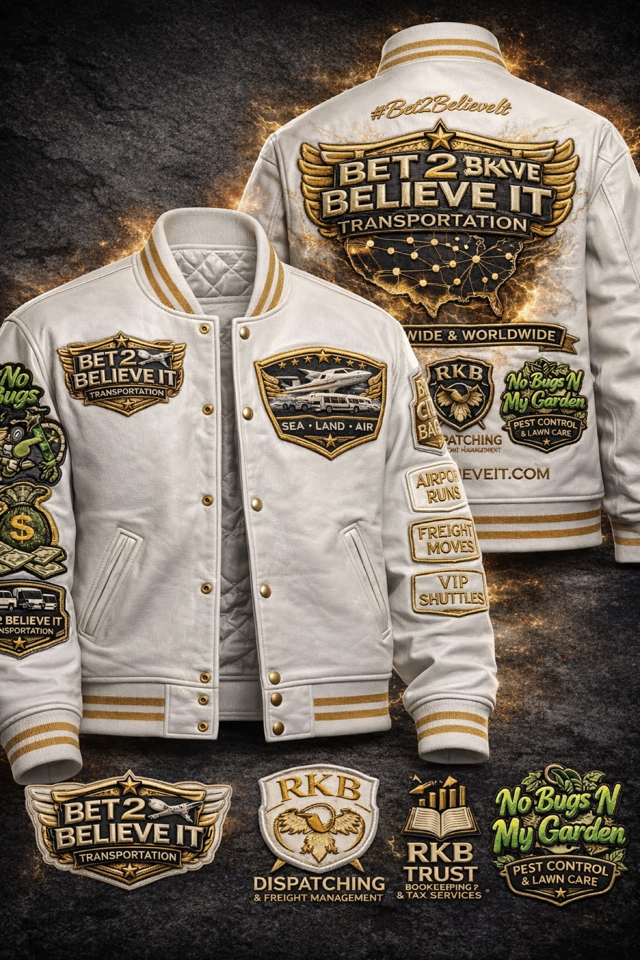 White Bet 2 Believe It varsity jacket shown front and back